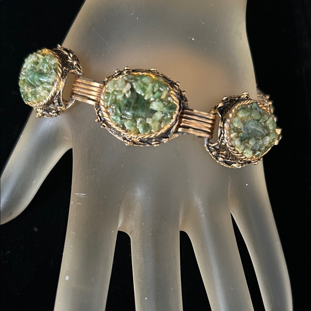 Vintage 70s Jade Link Bracelet and Gold Tone Costume Metal